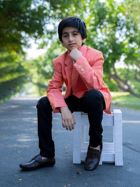 formal striped peach blazer set for boys 