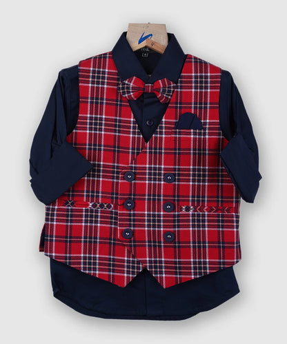 It is a beautiful red checked kid’s party wear waistcoat set that comes with a navy blue Shirt and the same matching red check pants for boys. This kids 3 piece suit, features a cute check red bow and a navy Colored pocket square.