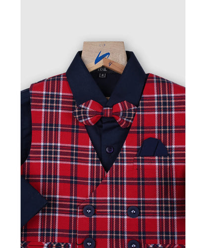 Red Checkered Party Wear Waist Coat Set with Navy Shirt for Boys