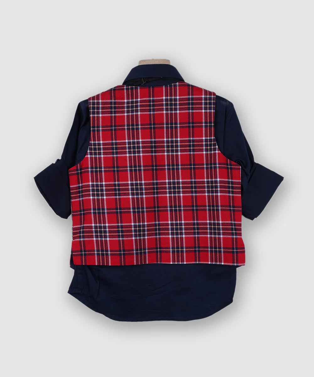 Red Checkered Party Wear Waist Coat Set with Navy Shirt for Boys