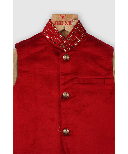 Kurta Pyjama Set In Tussar Silk with Red Velvet Jacket
