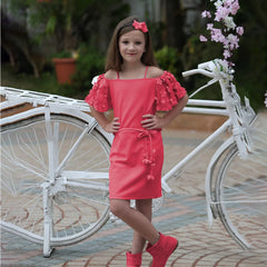  It is a pink dress for the birthday that comes with a matching belt. It featured cute floral detailing on sleeves and a belt to add grace to the outfit.