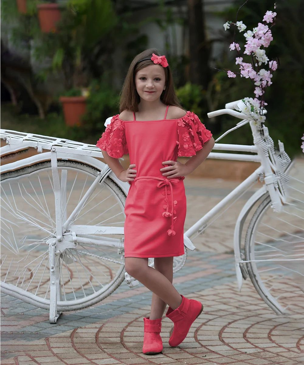  It is a pink dress for the birthday that comes with a matching belt. It featured cute floral detailing on sleeves and a belt to add grace to the outfit.