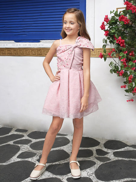  It is a beautiful light pink Colored outfit for kids that comes with the box pleat detailing. It features floral and pearl detailing and a big front bow.