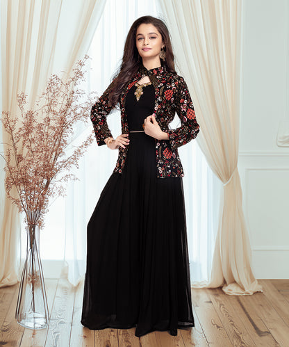 Girls’ Black Palazzo Set with Floral Embroidered Jacket – Jaipur Festive Fashion