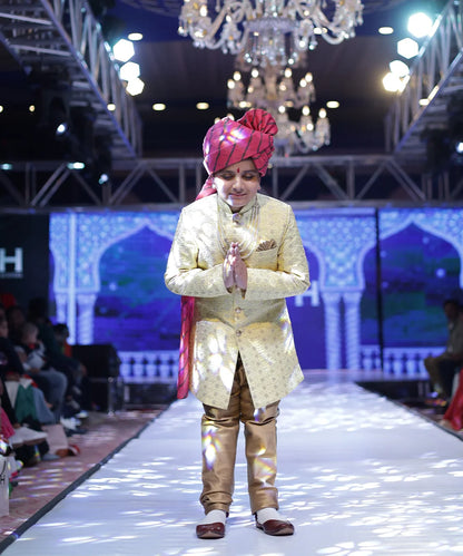 Yellow Jacquard Jodhpuri Suit Set for Wedding for Boys