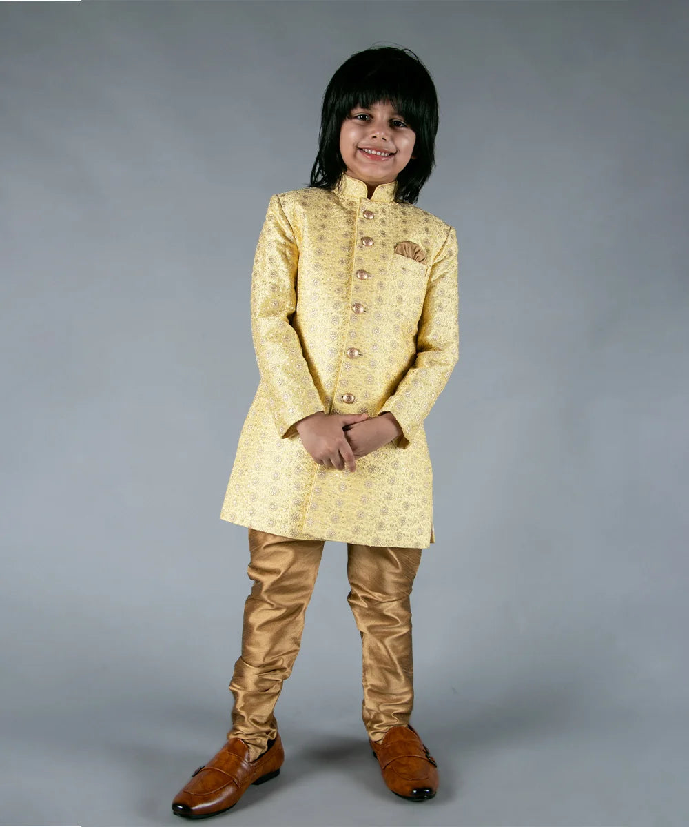 Yellow Jacquard Jodhpuri Suit Set for Wedding for Boys