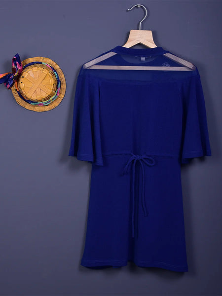 back view of floral royal blue dress for girls 