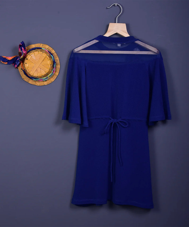 back view of floral royal blue dress for girls 