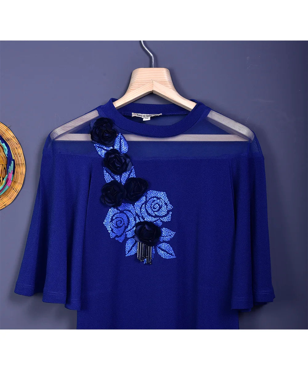 Royal Blue Dress with Rose Flower Detailing for Girls