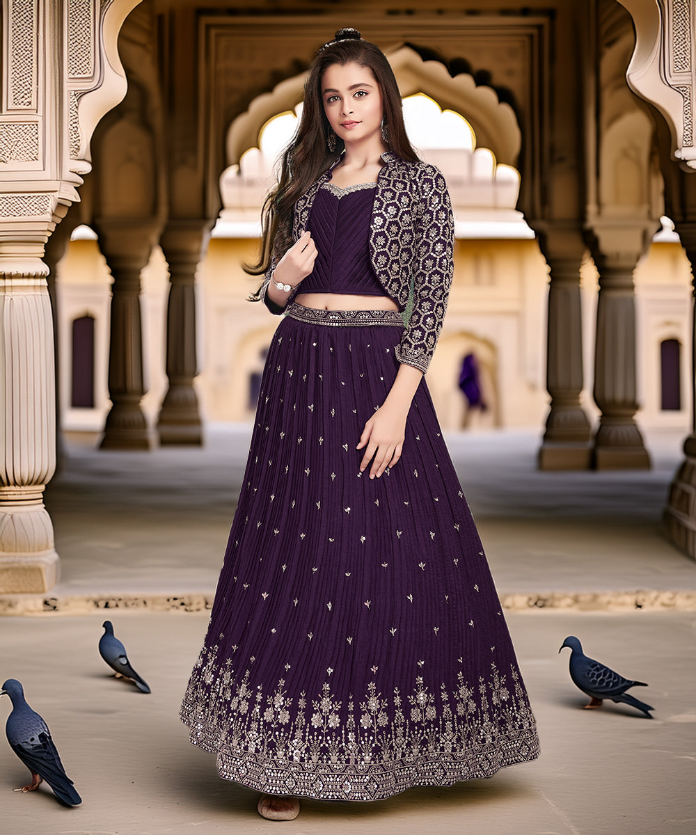 Wine Purple Heavy Lehenga with Embroidered Jacket for Girls – Best Wedding Kidswear Jaipur