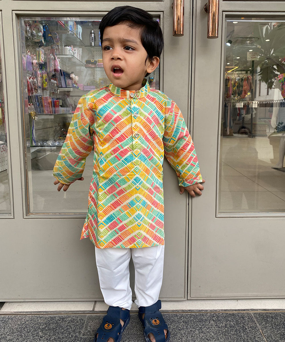 Multi Coloured Self Printed Kurta Set for Baby Boy Devils n Angels