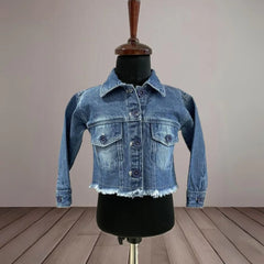 It is a blue denim Jacket for baby girls that comes with a ripped-edge detailing.