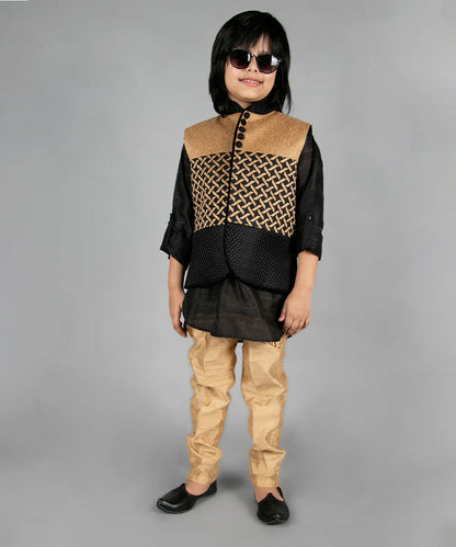 Black & Beige Colored Raw Silk Kurta Pajama with Cotton Jute Koti