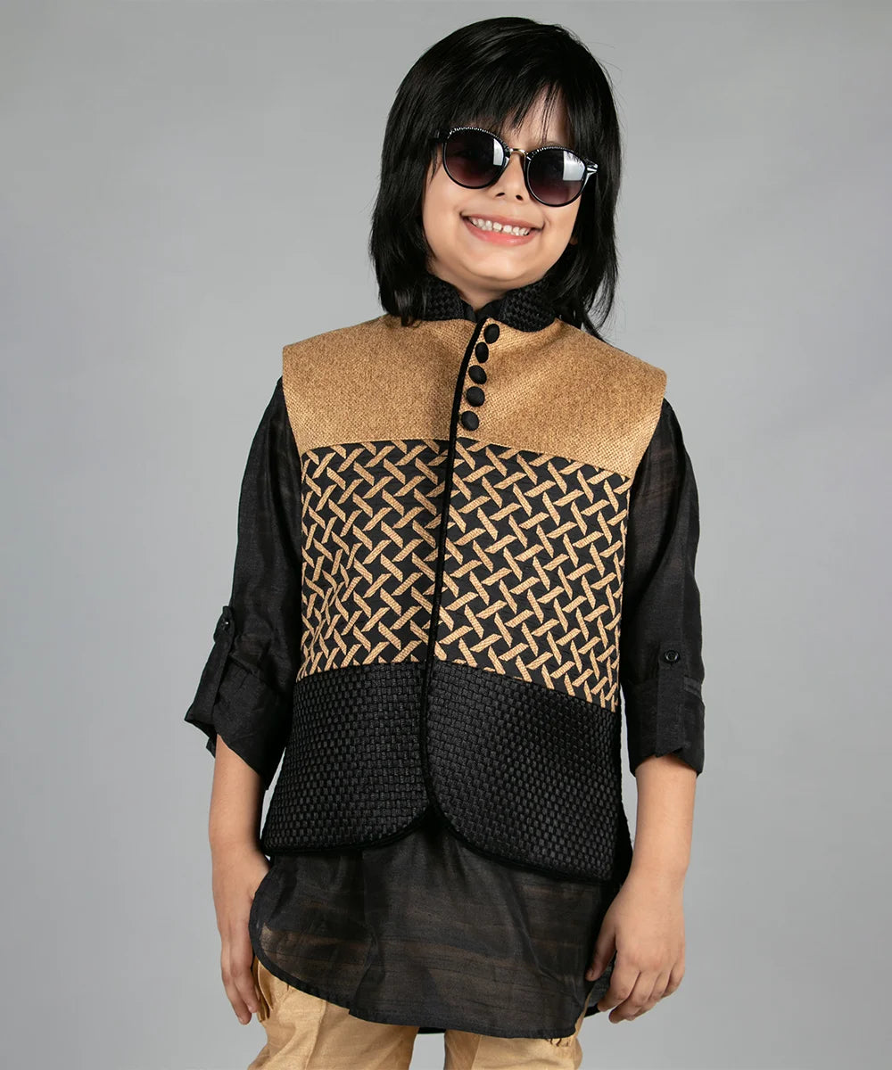 Black & Beige Colored Raw Silk Kurta Pyjama with Cotton Jute Koti