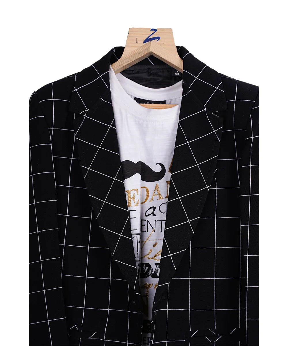 Black Checked Blazer with White Printed T-shirt for 4 Year Old Boy