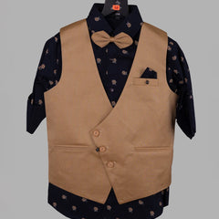 It is an elegant light brown Colored self-textured waist coat teamed up with a navy blue Colored printed shirt and a matching pant. It comes with a matching bow and a pocket square.