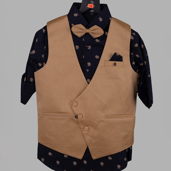 It is an elegant light brown Colored self-textured waist coat teamed up with a navy blue Colored printed shirt and a matching pant. It comes with a matching bow and a pocket square.