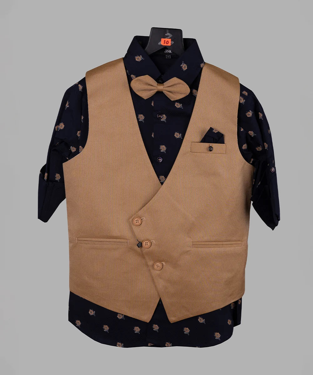 It is an elegant light brown Colored self-textured waist coat teamed up with a navy blue Colored printed shirt and a matching pant. It comes with a matching bow and a pocket square.