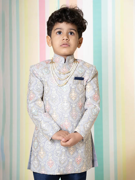 light grey embroidered sherwani with navy blue chudidars for boys 