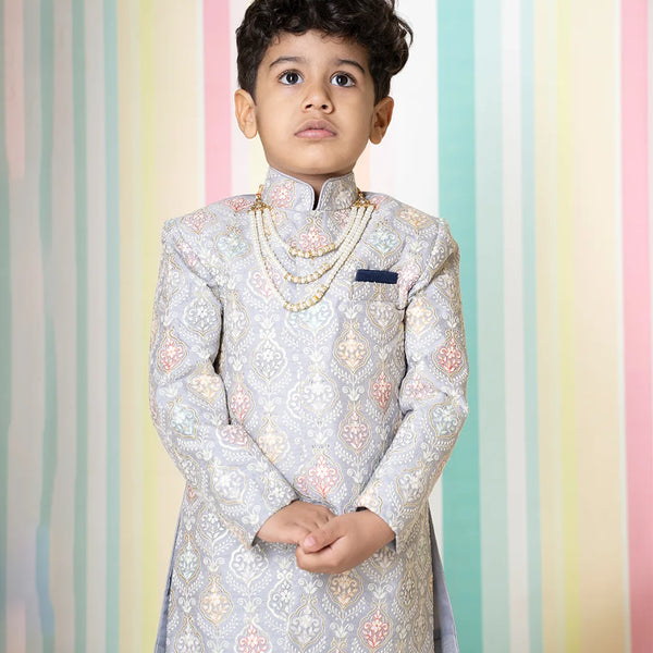 light grey embroidered sherwani with navy blue chudidars for boys 