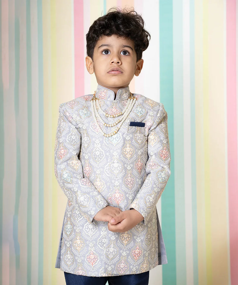 light grey embroidered sherwani with navy blue chudidars for boys 
