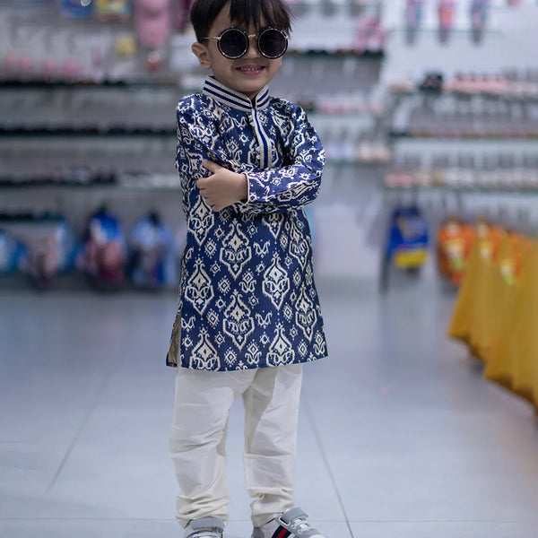 wedding wear indigo printed kurta set for boys 