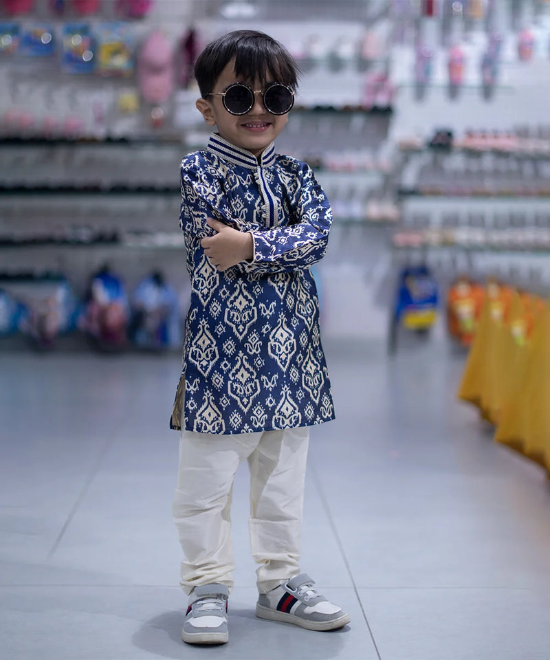 wedding wear indigo printed kurta set for boys 