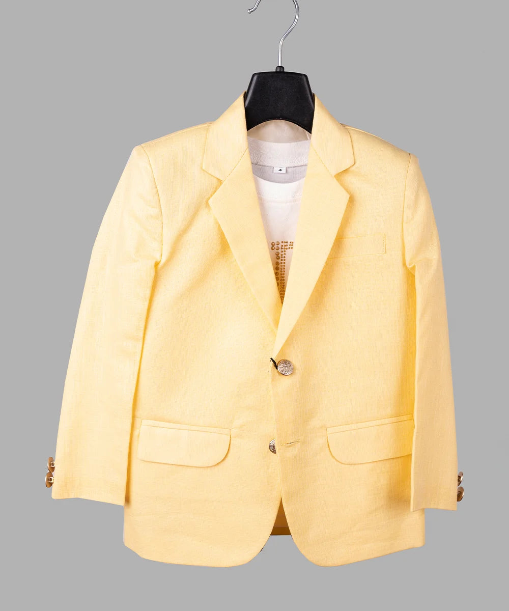 It’s a cool yellow colored boy’s formal blazer that comes along with a white colored round neck t-shirt.