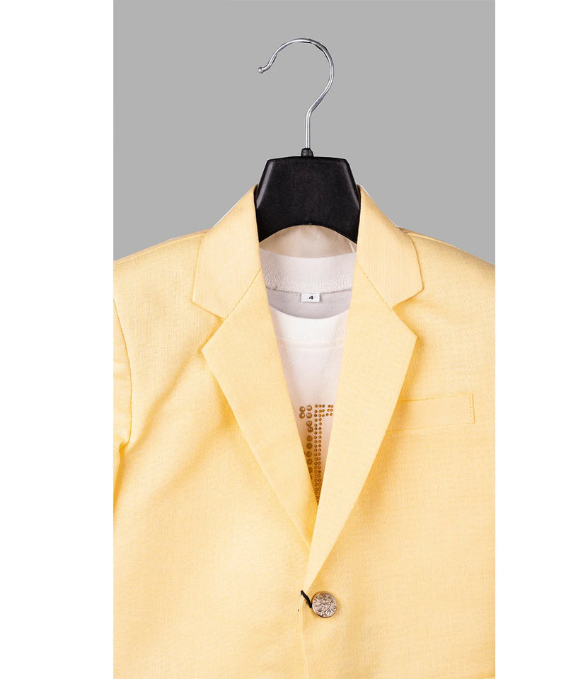 formal & party wear yellow blazer paired with white t-shirt underneath for boys 