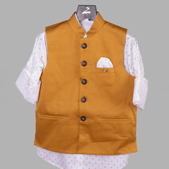 Let your kid walk in style by wearing this amazing mustard Colored waistcoat set for boys. It is a cut-sleeve waistcoat for boys paired up with a printed white Colored shirt.