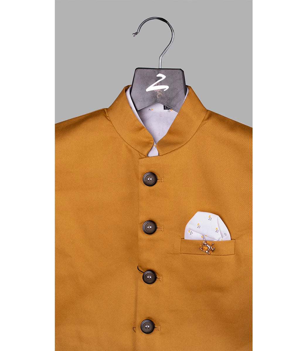 Mustard Colored Waist Coat Set with White Printed Shirt for Boys