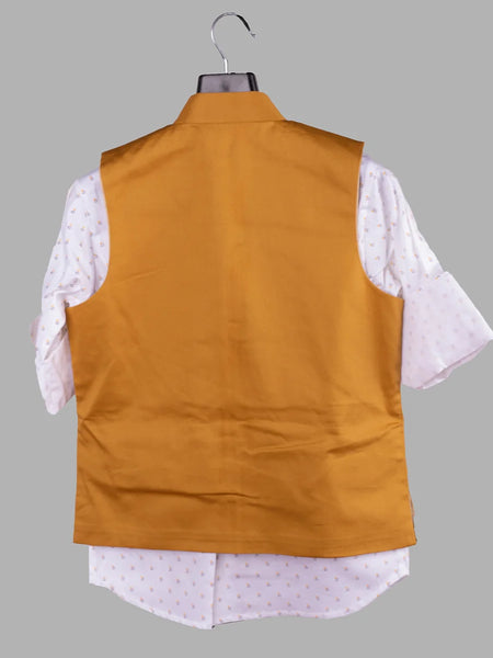 back view of gold waist coat suit set for boys 