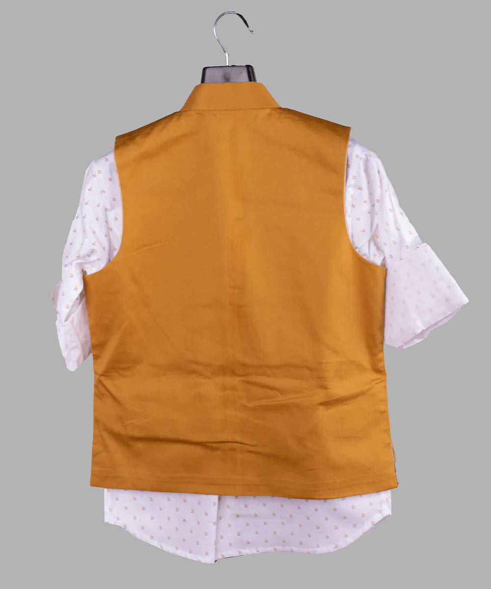 Mustard Colored Waist Coat Set with White Printed Shirt for Boys