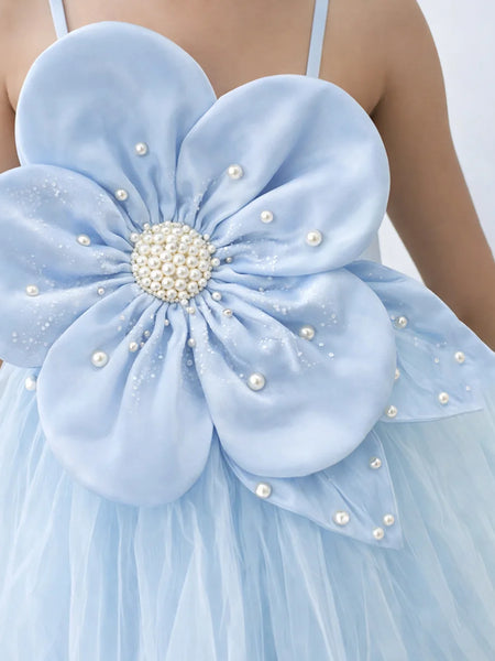 Light blue dress with a large floral back design featuring pearls.