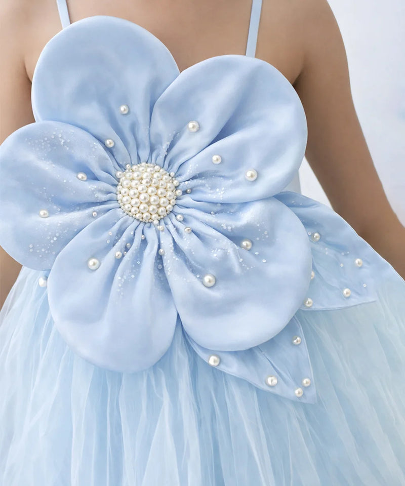 Light blue dress with a large floral back design featuring pearls.