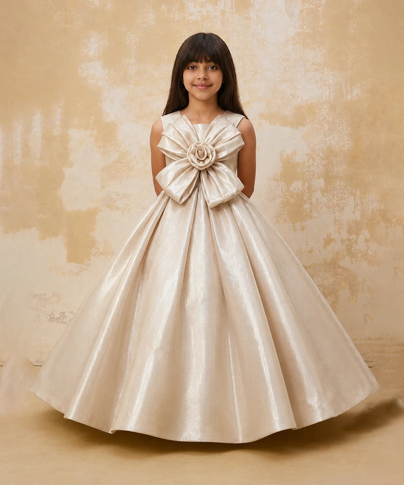 Young girl in a beige formal dress with a large bow on a textured beige background