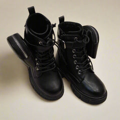 Black girls' combat boots with lace-up front and detachable mini zipper pouch, Jaipur, ages 1–8 years