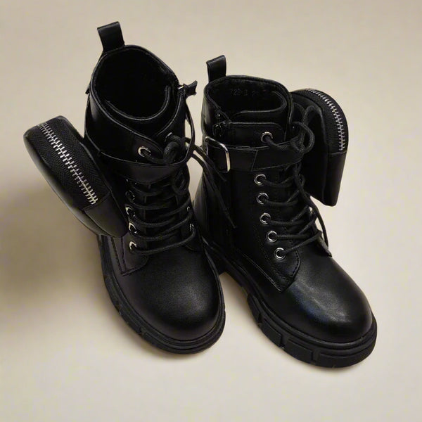 Black girls' combat boots with lace-up front and detachable mini zipper pouch, Jaipur, ages 1–8 years