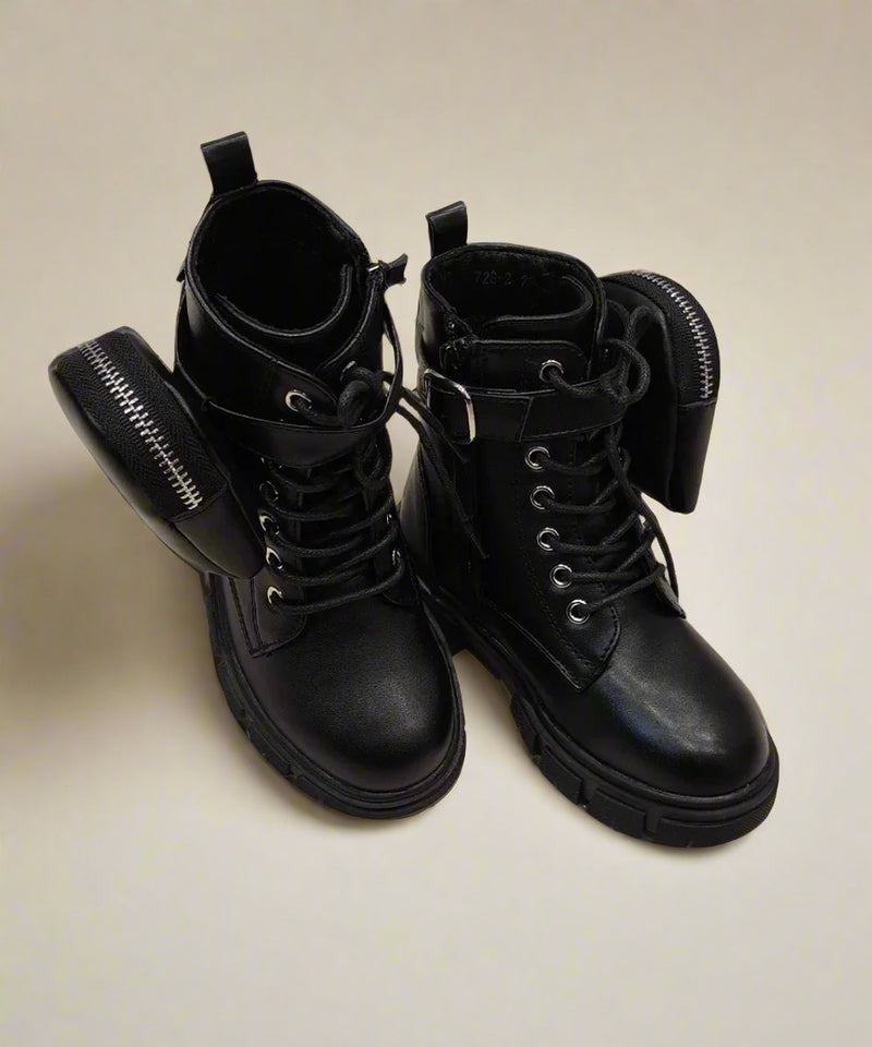 Black girls' combat boots with lace-up front and detachable mini zipper pouch, Jaipur, ages 1–8 years