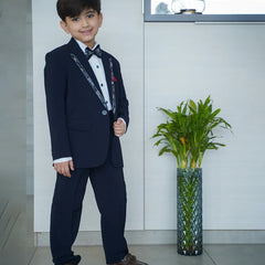 formal navy blue shimmering coat suit set for boys 
