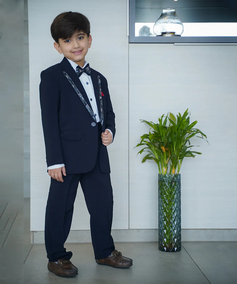 formal navy blue shimmering coat suit set for boys 