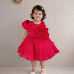 Child wearing a red dress with floral details against a plain background