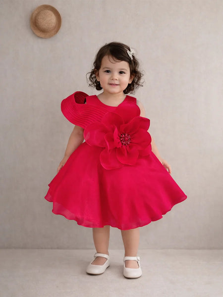Child wearing a red dress with floral details against a plain background