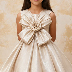 Young girl wearing a beige dress with a large bow and floral detail against a beige background
