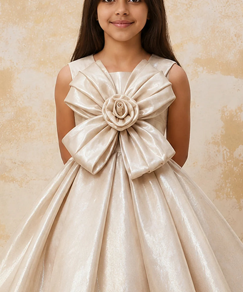 Young girl wearing a beige dress with a large bow and floral detail against a beige background