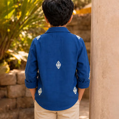 Boys Blue Party Wear Embroidered Shirt