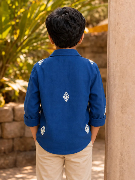 Boys Blue Party Wear Embroidered Shirt