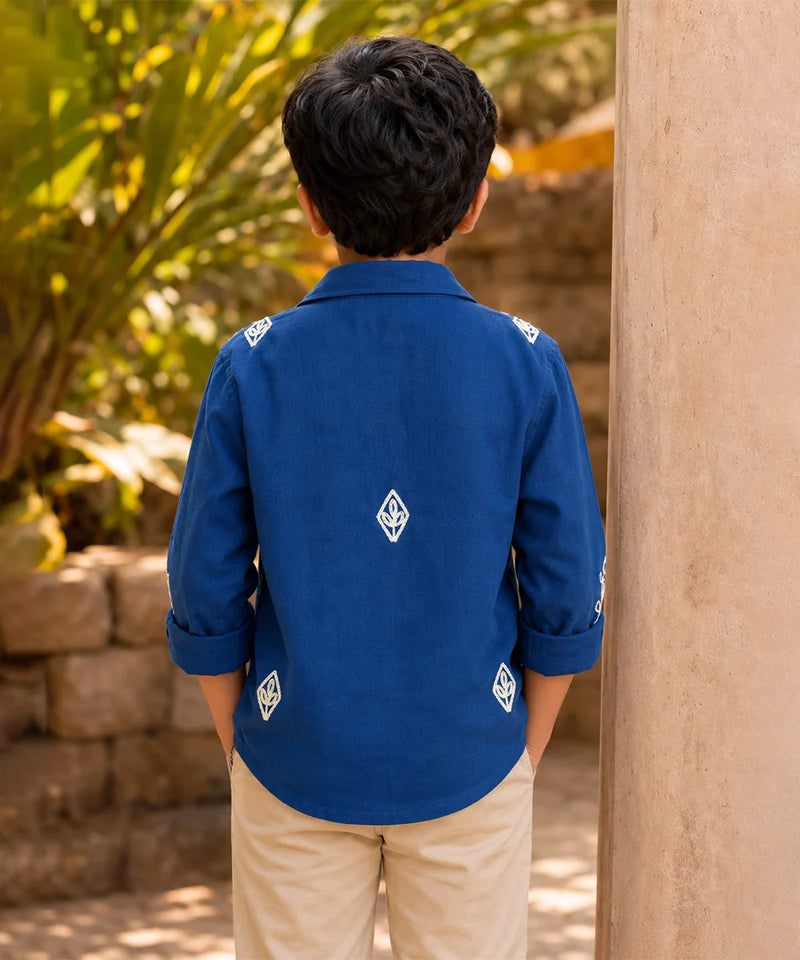 Boys Blue Party Wear Embroidered Shirt