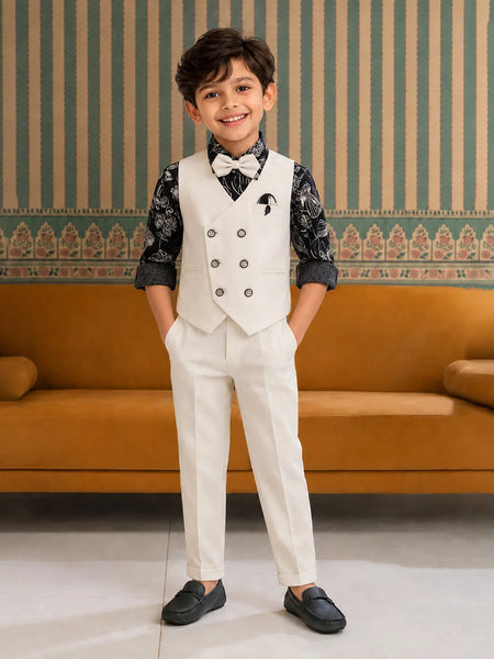 Young boy in a formal outfit standing in a room with a striped wall and orange sofa.